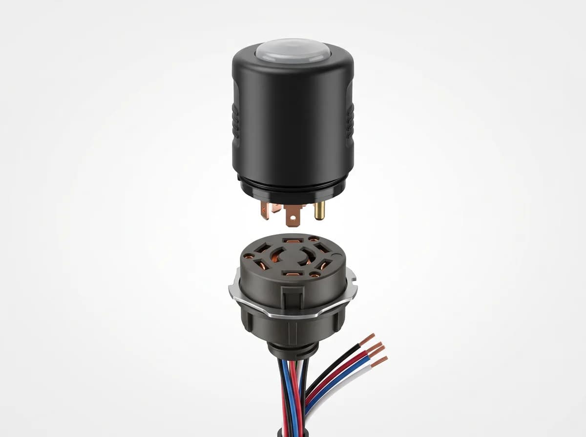 Exploded view of a NEMA streetlight controller above its socket and wiring