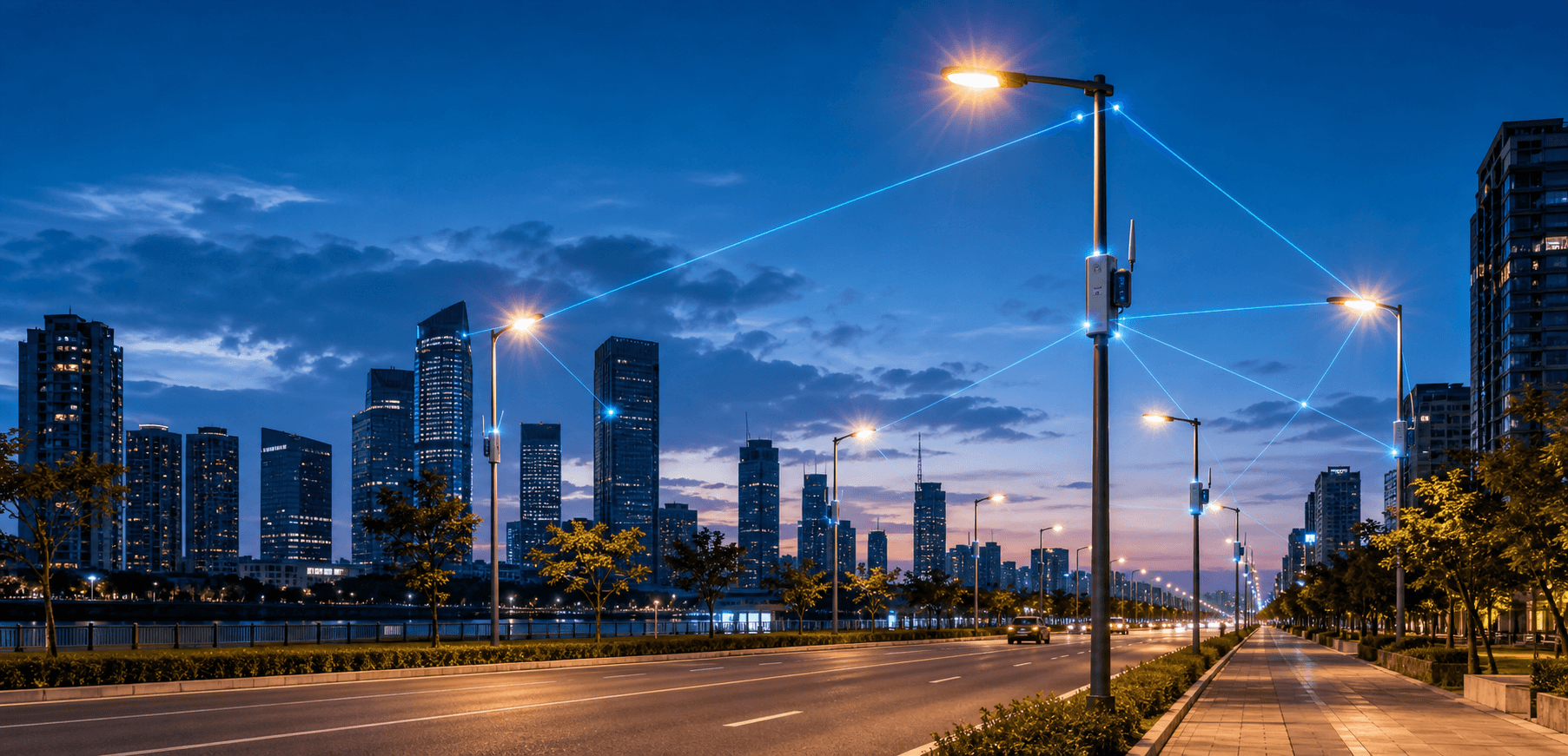 Connected street lighting controllers on an urban road